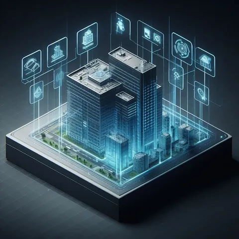 Imagen de una edificación virtual con iconos flotantes que simbolizan las especializaciones de cooperan usando BIM